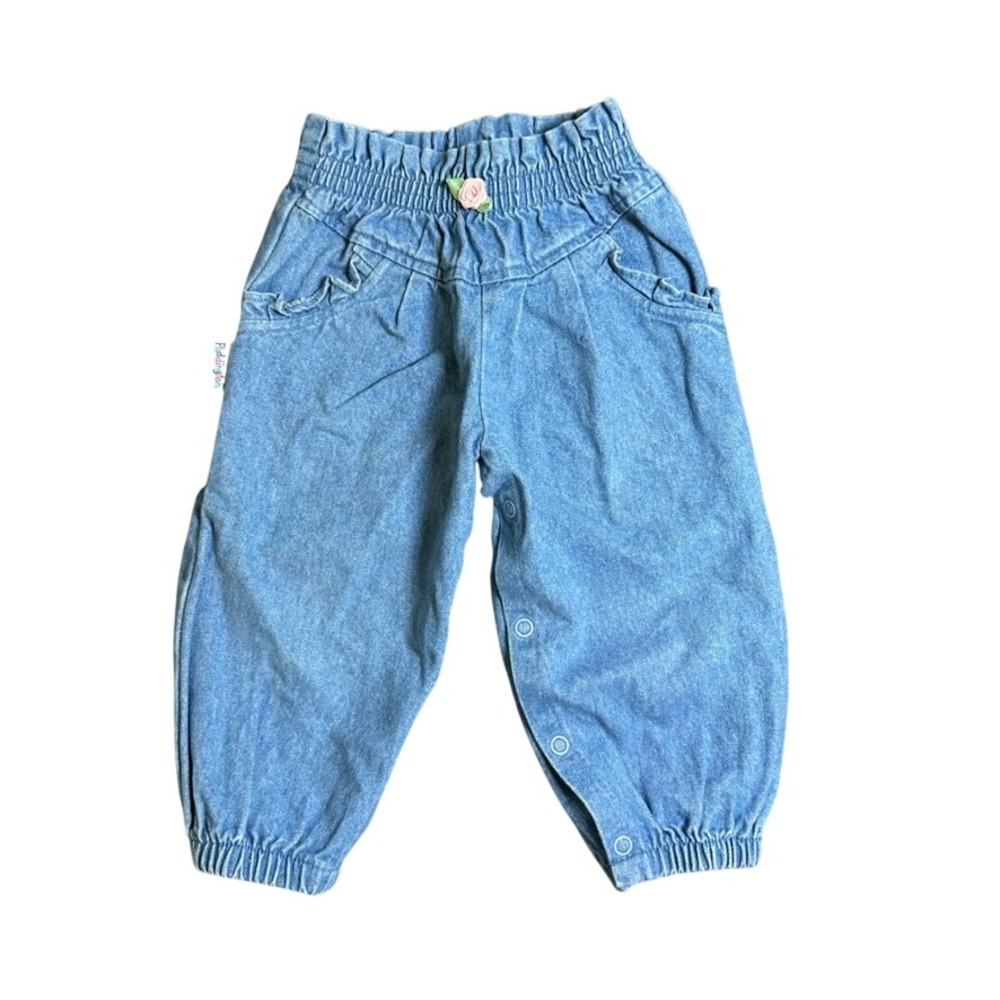 Vintage Paddington Denim Baby Pants Light Wash Rose Elastic 100% Cotton 18Mo